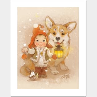 Gnome and corgi. Merry christmas. Posters and Art